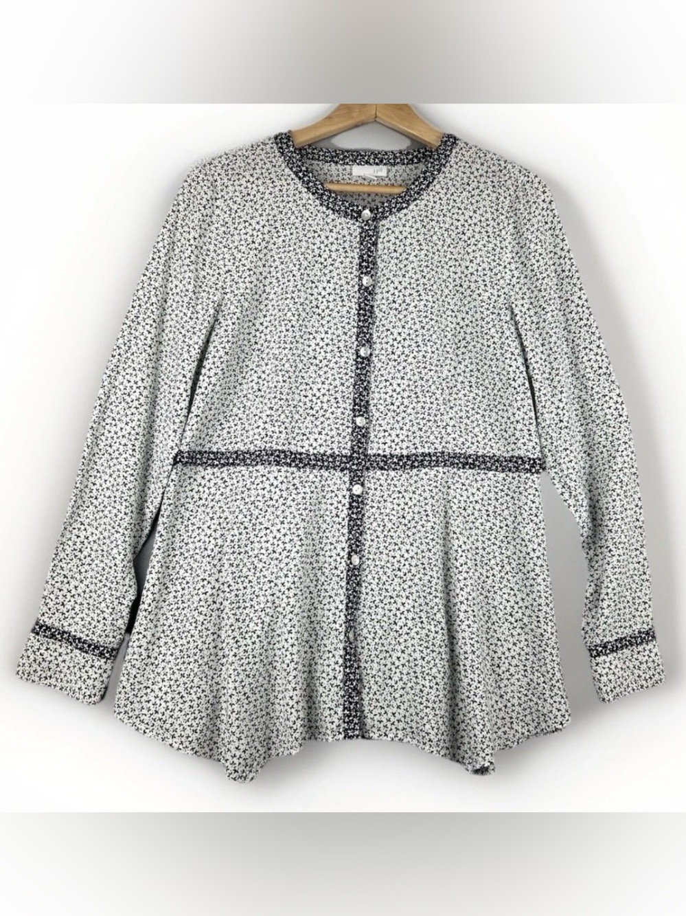 J. Jill White and Navy Floral Button Front Peplum Top